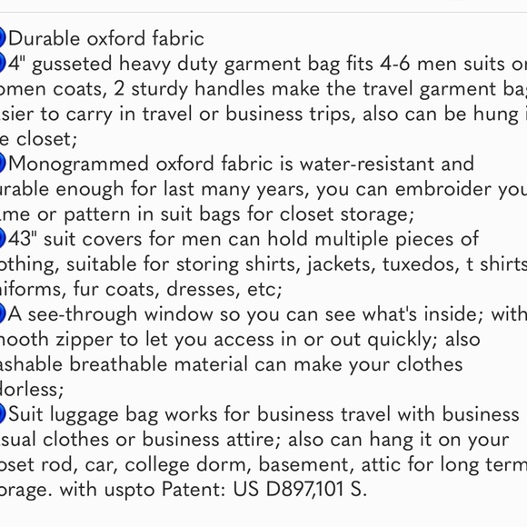 60" Heavy Duty Long Garment Bags for Travel Monogrammed Dress Bag Waterproof - Picture 8 of 8